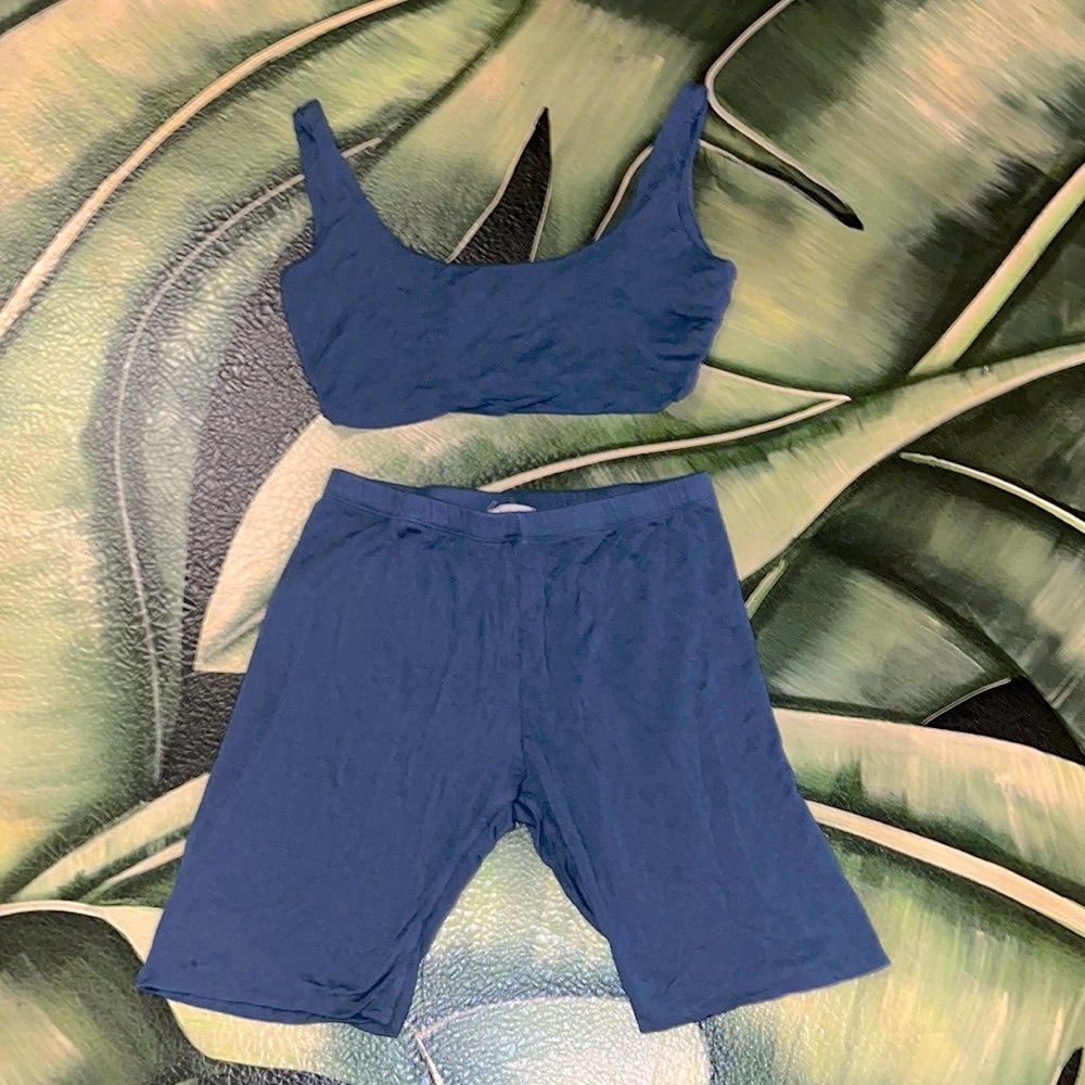 • Blue Biker Short and Bra Crop Top Set